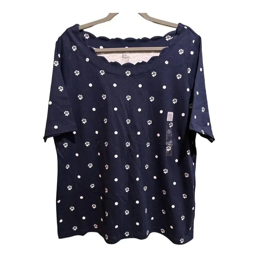 NWT Kim Rogers Perfectly Soft‎ Tee With Scalloped Neckline